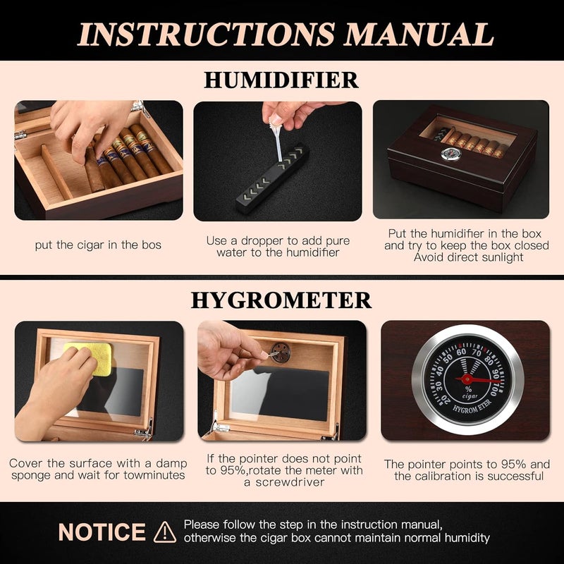 TISFA Cigar Humidor, Glass Top Cigar Box with Hygrometer Humidifier and Divider, Desktop Cedar Wood Storage Case Holds 20-30 Cigars (Dark Brown) - Image 5